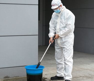 Professional cleaner in white industrial coveralls sweeping a concrete floor with a push broom.