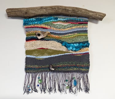 tapestry weaving, wall hangings, Mississippi drift wood, glass beads, birds