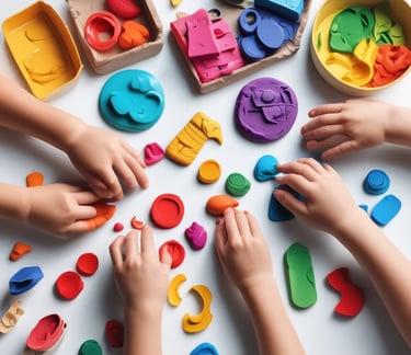 a group of children's hands holding onto a playdoue