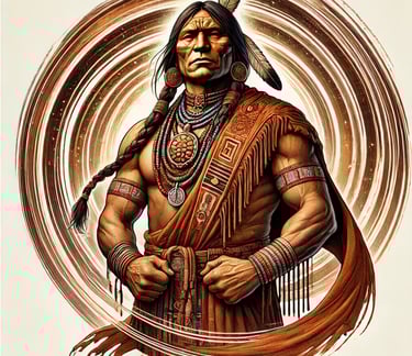 A powerful Native American male figure, dressed in traditional attire