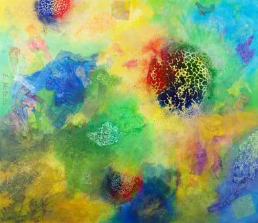 Abstract painting of cells or planets dissolving in a dreamlike landscape