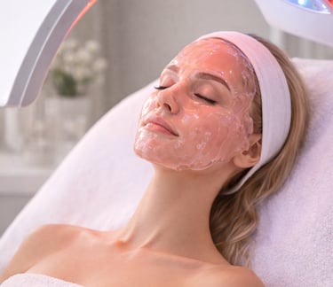 une femme pose avec un masque gelly sur le visage sous une lampe led pour un soin visage