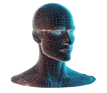A 3D wireframe mesh of a human head in neon blue representing artificial intelligence and digital identity.