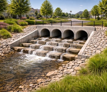 Obra de drenagem pluvial bem executada com galeria de concreto e dissipador de energia