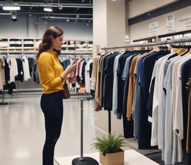 A storefront display featuring an arrangement of clothing items on mannequin and racks. A mannequin is dressed in a light-colored hoodie and sweatpants, surrounded by folded and hanging clothes. The background consists of a plain-textured wall with signage promoting sustainably sourced cotton. The silhouette of a person in a hat is visible in the foreground.