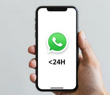 Mano sosteniendo un teléfono móvil con un chat de WhatsApp abierto para contactar con Syncro Asesore