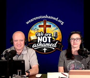 Christian podcast hosts recording a new We Are Not Ashamed episode.