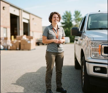 Friendly OTF Pick Up team member in uniform, smiling and ready to assist, standing next to a clean pickup truck, bright natural daylight, warm lifestyle photography, 35mm lens.