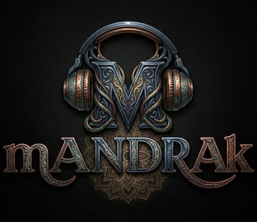 mandrak logo, the letter M with headphones, ornate design