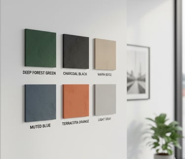 Interior design textured wall paint color swatches including terracotta orange and forest green.