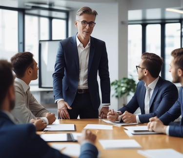 A confident leader speaking to a diverse team during a meeting.