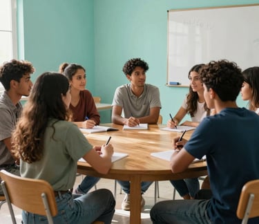 A group of diverse language students sitting around a round wooden table in a bright, modern classroom in Puerto de la Cruz, Canary Islands, Spain. Soft turquoise walls and natural sunlight create a warm and welcoming learning atmosphere.