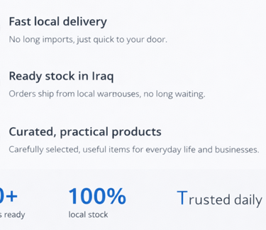 Website section highlighting fast local delivery, ready stock in Iraq, curated practical products, a