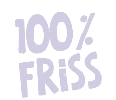 Levendulaszínű, kézzel írt szöveg: „100% FRISS” fehér háttérrel.