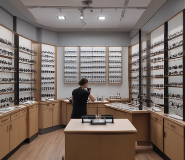 Display of stylish optical and sunglasses in a bright, elegant store.