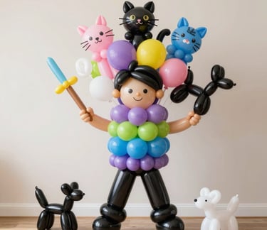 Cardiff Swansea Balloon modelling for all events Balloon sculpture of a boy holding a sword and dog.