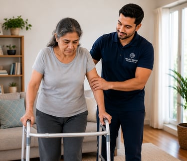 A physical therapist provides neuro rehab support to an elderly woman using a walker at home.