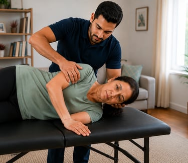 A physical therapist performing a neck and shoulder adjustment on a woman at home.