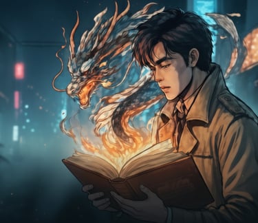 Portrait of a man reading a glowing orange book with a smoke dragon.