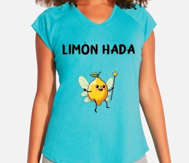 a woman in a blue shirt with a lemonade on her shirt