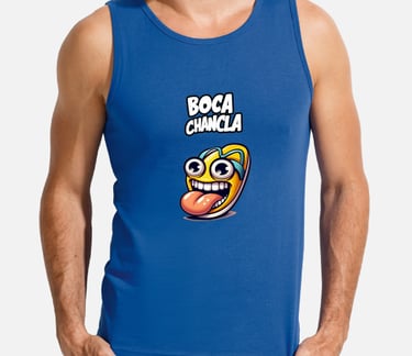 a man in a blue tank top with a cartoon character on it