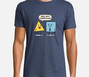 a man wearing a blue shirt with a triangle shaped triangle