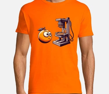 a man in a orange shirt with a computer on his face