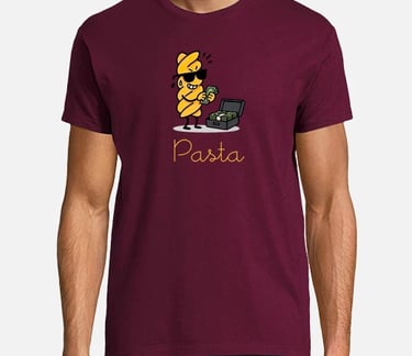 a man in a red shirt is holding a plate with pasta