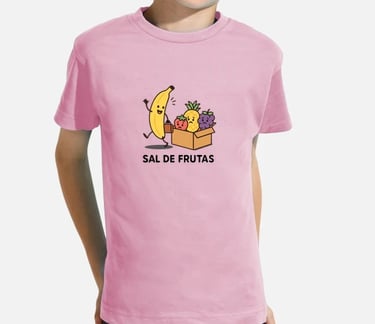 a young boy wearing a pink shirt with a banana and a banana