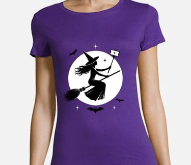 a woman in a purple shirt is flying a broom