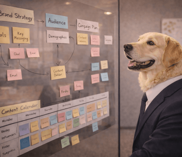 A Golden Retriever in a business suit reviewing a brand strategy and content calendar on a glass board.