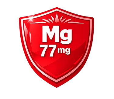 Red glossy shield icon showing Mg 77mg representing a magnesium mineral supplement dosage.