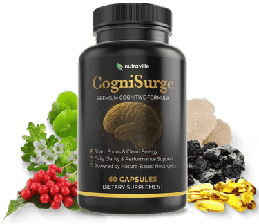 Nutraville CogniSurge premium cognitive nootropic supplement bottle with herbal ingredients for focus and clarity.