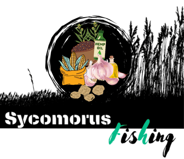 Logo with natural baits: tiger nuts, hemp, garlic, corn