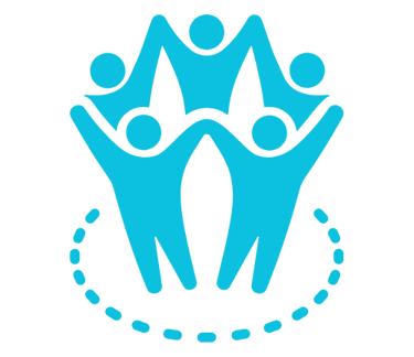 Ícono azul de personas unidas en círculo que representa comunidad y cooperación dentro del ecosistem