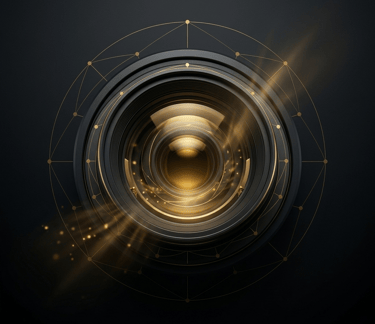 A high-end camera lens radiating gold light, illustrating visual revenue engines and premium design.