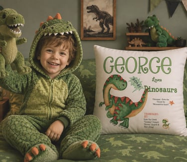 Young boy dressed in a dinosaur onesie holding a dinosaur toy beside a personalised dinosaur cushion