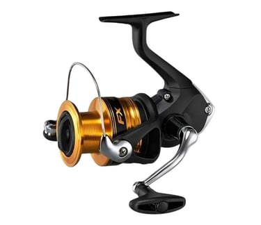 molinete shimano para pesca tilápia preto e rotor dourado com detalhes cromados.