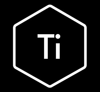 White titanium chemical element symbol Ti inside a hexagonal border on a black background.