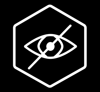 A white linear eye icon with a diagonal slash inside a hexagon, representing hidden or private content.