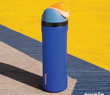 a blue and orange owala water bottle 