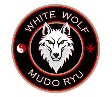 White Wolf Mudo Ryu martial arts logo featuring a wolf head with yin-yang and star symbols.