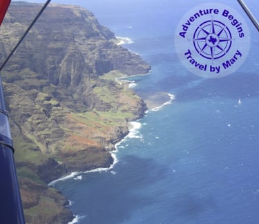 A photo of the Napali coast on Kauai taken by Mary from a Waco biplane.