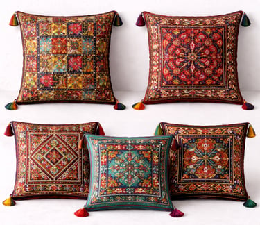 Tribal cushion covers with embroidered patterns, tassels, and ethnic motifs.