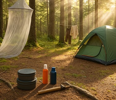 Forest campsite with bug net gear bottles and tent set up in wilderness for backcountry survival and mosquito protection