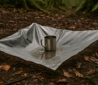 Solar still collecting dew in tarp with cup set in forest soil