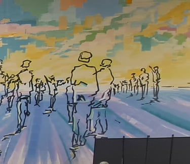Mural of outlined people walking