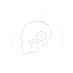 White outline icon of a human skull with an exclamation mark over the jaw bone. for tmj pain