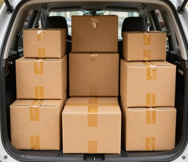 Close-up of a delivery person scanning a package with a handheld device inside a modern delivery van.