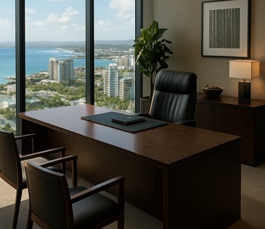 A high-end, professional office interior in Puerto Rico with large windows overlooking a Caribbean coastal city, featuring a dark wood desk and sophisticated decor.